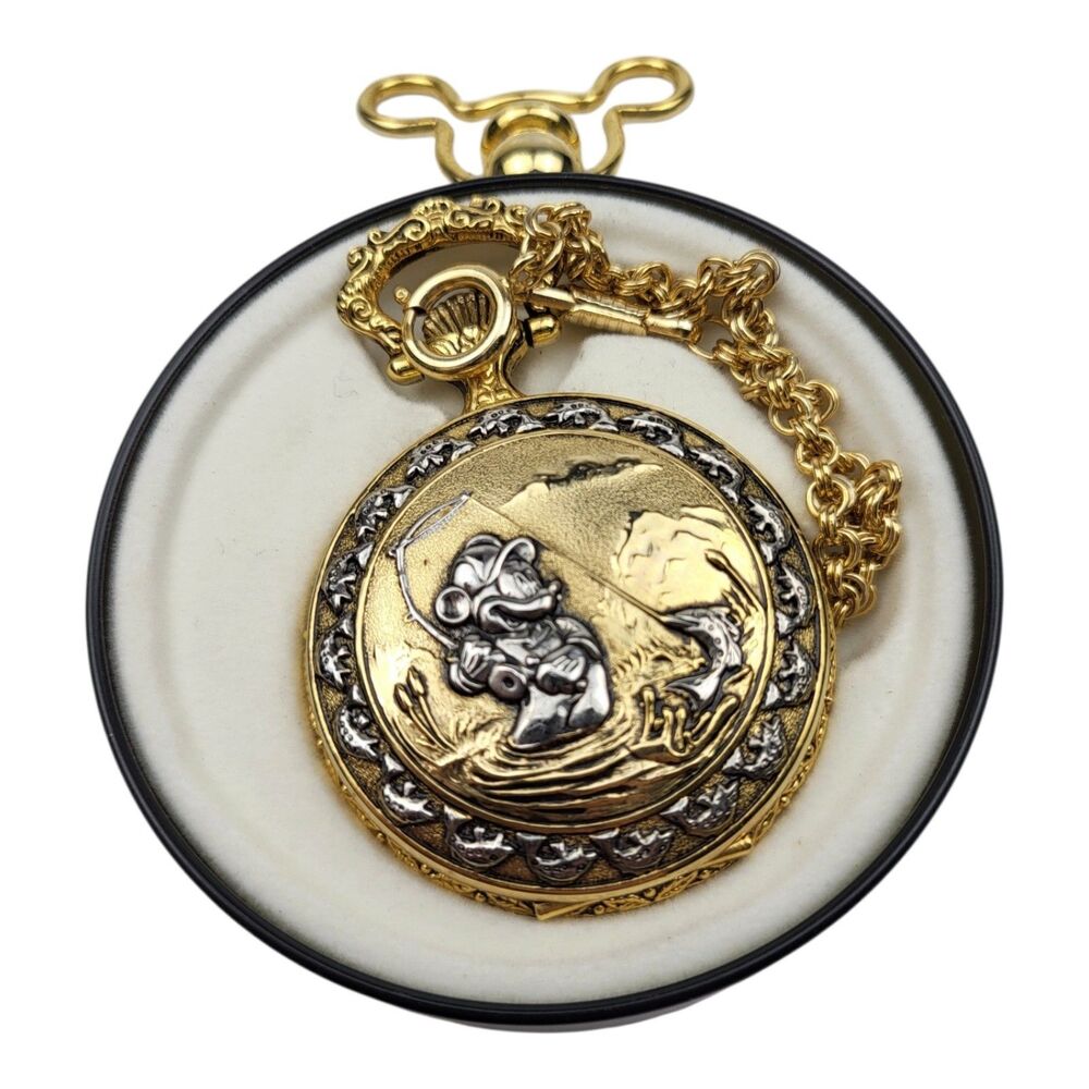 Vintage Verichron Fishing Pocket Watch Gold Tone Disney Mickey Mouse With Case